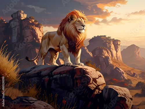 Anime style cartoon lion standing proud on top of a mountain at evening sunset, cartoon illustration of a sunset with a majestic lion on a rock photo