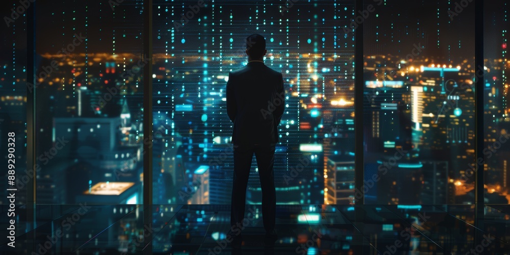 Businessman looking at the city lights at night through window with digital rain Businessman looking at the city lights at night through window with digital rain