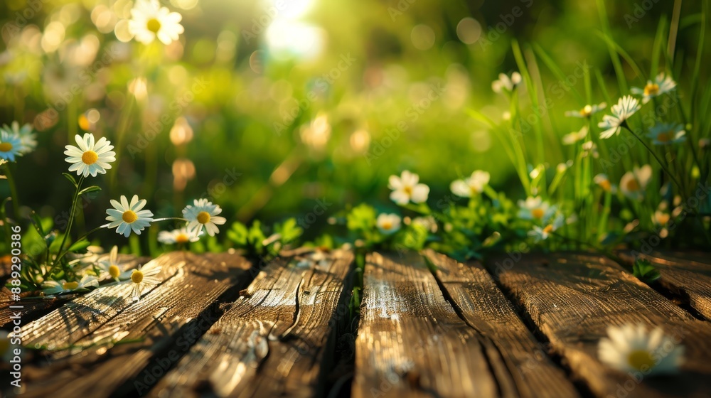 Table top product display with fresh summer sunshine blue skies, warm bokeh background, and grass meadow foreground Table top product display with fresh summer sunshine blue skies, warm bokeh background, and grass meadow foreground