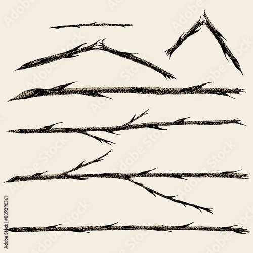 Collection of hand-drawn dog-rose branch with thorns of wild rose. Rose hip hand drawn, sketches, pointillism style.