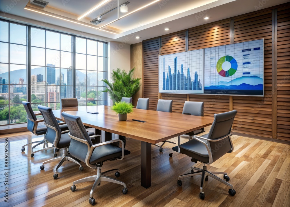 Modern conference room with large TV screen displaying data analysis dashboard, empty chairs and sleek wooden table, awaiting business presentation and discussion. Modern conference room with large TV screen displaying data analysis dashboard, empty chairs and sleek wooden table, awaiting business presentation and discussion.