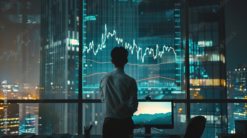 Businessman in modern office with rising stock charts on screen, business finance, success