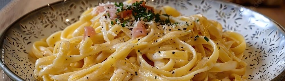Delicious pasta served in a beautifully patterned bowl with creamy sauce, herbs, and seasoned toppings. Perfect for culinary and food-related themes. Delicious pasta served in a beautifully patterned bowl with creamy sauce, herbs, and seasoned toppings. Perfect for culinary and food-related themes.