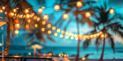 A blurred beach bar surrounded by palm leaves is in the background of a blurred beach bar
