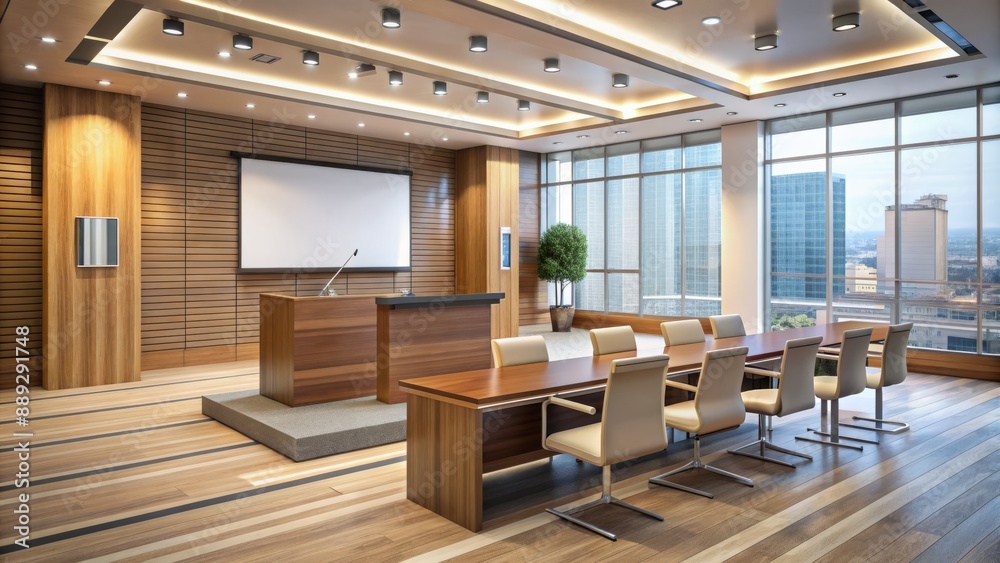 Modern empty conference room with a wooden podium and projector screen, waiting for a presenter to deliver a speech to an audience. Modern empty conference room with a wooden podium and projector screen, waiting for a presenter to deliver a speech to an audience.
