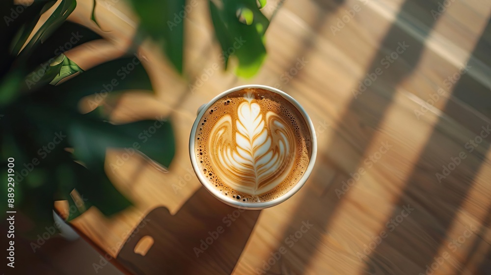 A beautifully crafted latte art on a cup of coffee placed on a wooden table with sunlight casting shadows through the leaves. A beautifully crafted latte art on a cup of coffee placed on a wooden table with sunlight casting shadows through the leaves.