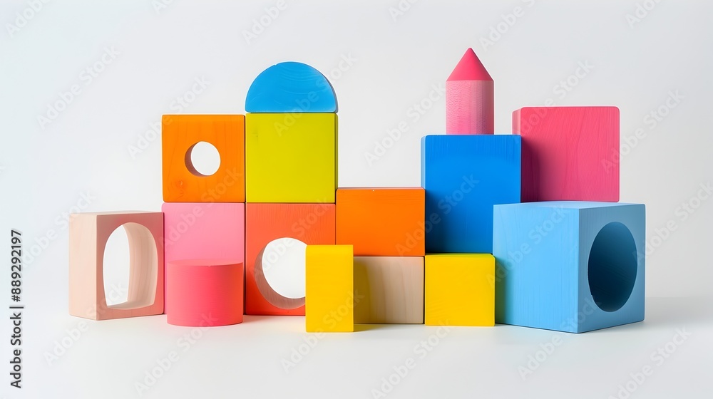 Colorful Geometric Shapes and Blocks Stacked and Arranged in Playful Composition Colorful Geometric Shapes and Blocks Stacked and Arranged in Playful Composition