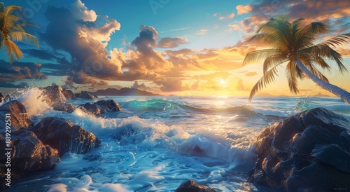 Waves crashing against rocks as sea water splashes on rocky shore. Beautiful sunset sky with clouds.