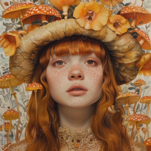 sad girl among flowers.