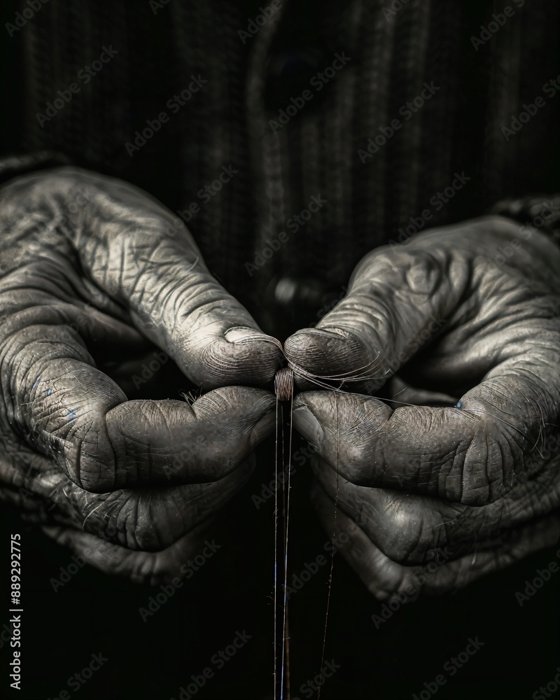 Fototapeta premium a black and white photo of two hands holding a string