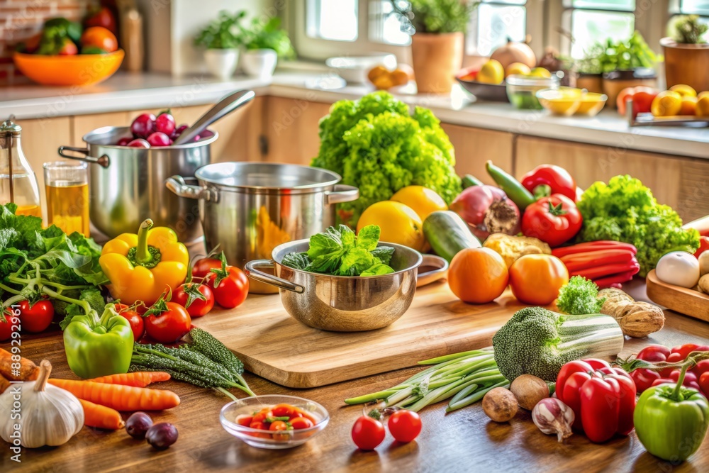 Fresh vegetables and fruits scattered on kitchen counter, utensils and cooking pots surround a half-prepared healthy meal, promoting a healthy lifestyle and wellness. Fresh vegetables and fruits scattered on kitchen counter, utensils and cooking pots surround a half-prepared healthy meal, promoting a healthy lifestyle and wellness.