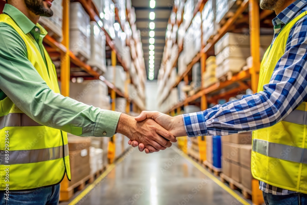 Foreground focus on clasped hands of two warehouse workers in a handshake, symbolizing partnership and cooperation in a busy logistic center's storage and distribution hub. Foreground focus on clasped hands of two warehouse workers in a handshake, symbolizing partnership and cooperation in a busy logistic center's storage and distribution hub.