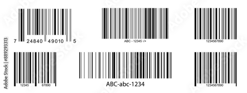 Set of barcode label templates isolated on white background. Bar code icons. Visual data digital representation with product information. Vector graphic illustration