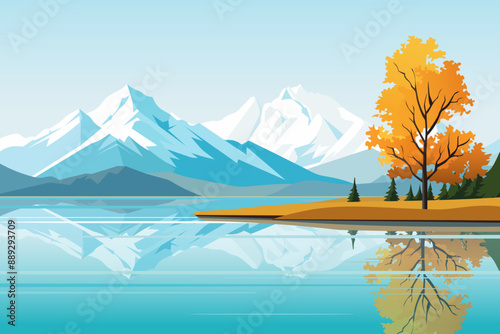 Beautiful autumn landscape of the lake shore against the backdrop of amazing mountains. Vector illustration of an autumn mirror lake, forest, trees with autumn foliage and snow-capped mountain peaks.