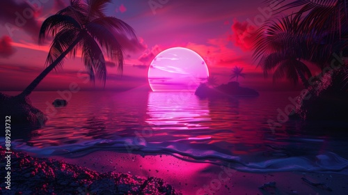 A tropical background with neon light in a retro style. Palm trees and the sun are featured.