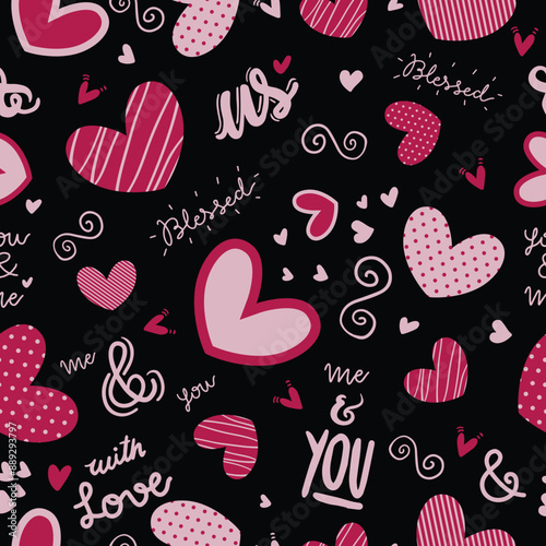 Cute doodle style hearts seamless vector pattern.  Handwritten background. Marker drawn different heart shapes and silhouettes. Hand drawn ornament. 