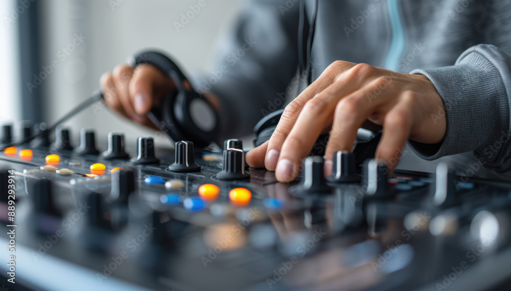 A person is playing music on a sound board with a microphone A person is playing music on a sound board with a microphone