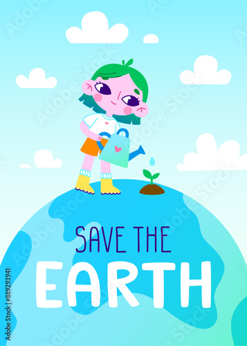 Cartoon eco poster with cute girl seeding tree on the earth planet. Vector environmental banner.