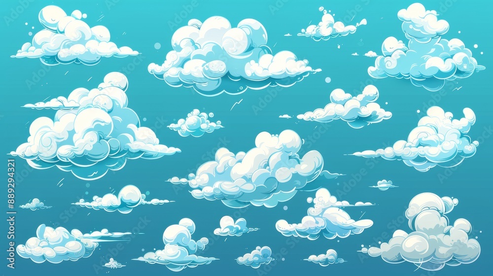 White cartoon fluffy clouds in bubble shape in blue sky with summer looking rounded cumulus icons. Weather forecast realistic symbols set with white background and black colored icons. White cartoon fluffy clouds in bubble shape in blue sky with summer looking rounded cumulus icons. Weather forecast realistic symbols set with white background and black colored icons.