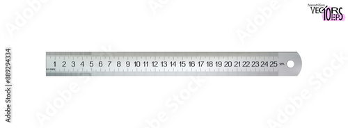 Metal centimeters ruler, top view realistic, measuring tool isolated on white background. 25 sm, cm, meter instrument locksmiths or carpenters, craft and school supplies. Vector illustration Eps 10.