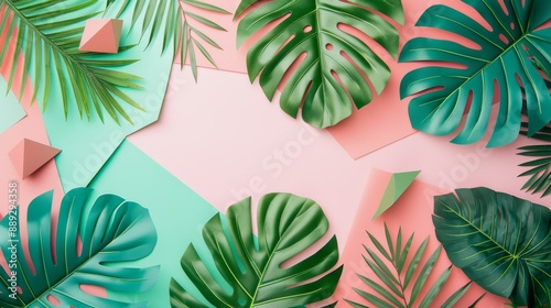 A tropical bright colorful background with exotic painted tropical palm leaves Minimal fashion summer concept Flat lay: Stock photo