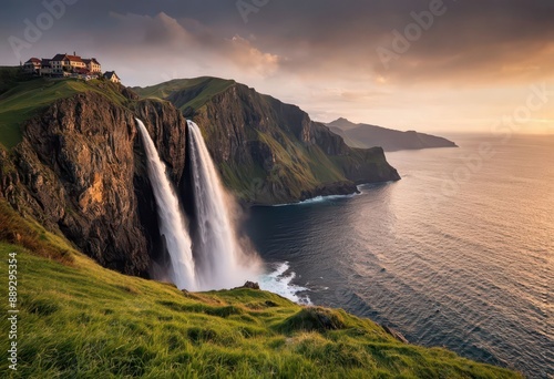 Dramatic coastal cliff with waterfall and ocean view