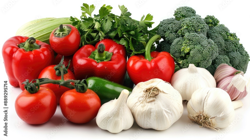 Arrangement of fresh vegetables and herbs including tomatoes, peppers, garlic, onions, and broccoli Arrangement of fresh vegetables and herbs including tomatoes, peppers, garlic, onions, and broccoli
