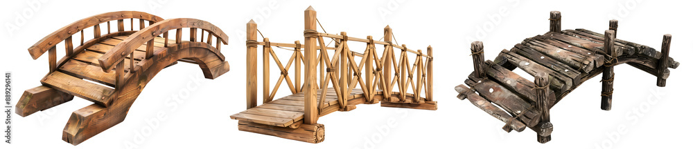 Set collection of arch rustic wooden wood suspended suspension bridge footbridge boardwalk side view on transparent cutout PNG file. Many different style. Mockup template for design Set collection of arch rustic wooden wood suspended suspension bridge footbridge boardwalk side view on transparent cutout PNG file. Many different style. Mockup template for design