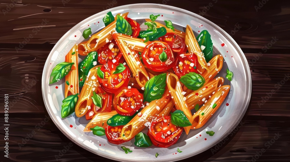 Delicious penne pasta with fresh cherry tomatoes, basil, and sprinkled parmesan cheese on a rustic wooden table setting. Delicious penne pasta with fresh cherry tomatoes, basil, and sprinkled parmesan cheese on a rustic wooden table setting.