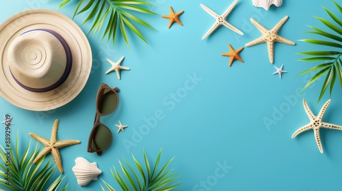 A tropical scene with a straw hat, sunglasses, seashells, and plumeria flowers against a vibrant blue background.