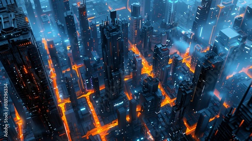 Futuristic cityscape with glowing orange lights and skyscrapers at night photo