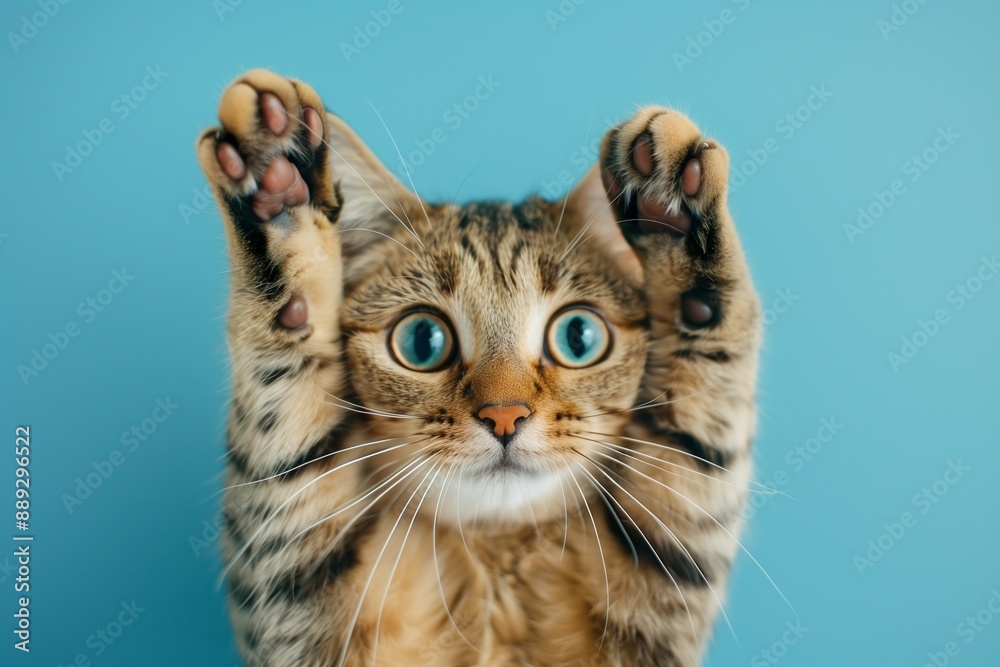 Naklejka premium Surprised, shocked cat face with paws on its head on a blue background