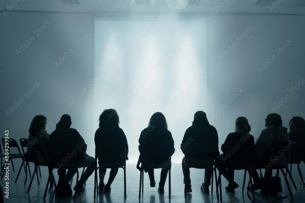 silhouettes of people at group therapy session, support of community through conversations and being together at reunions and sessions silhouettes of people at group therapy session, support of community through conversations and being together at reunions and sessions