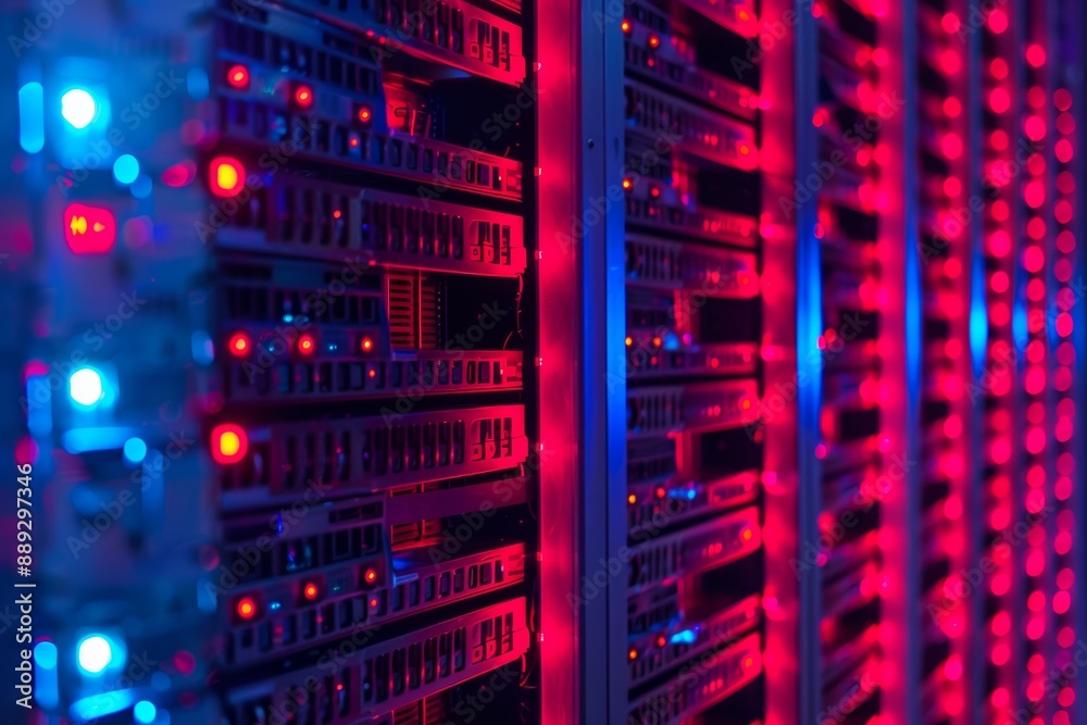 Glowing red and blue server racks in a data center Glowing red and blue server racks in a data center