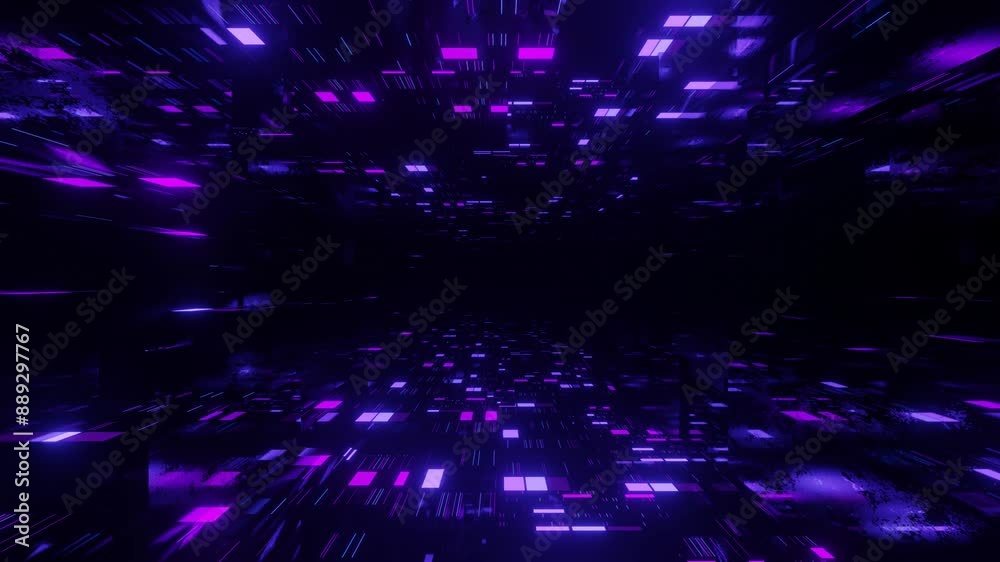 Purple simple pattern. Fly through mirror tunnel with neon pattern, glow lines form sci fi pattern. Bright reflection neon light. Simple background, sci fi structure. 4k seamless looped animation