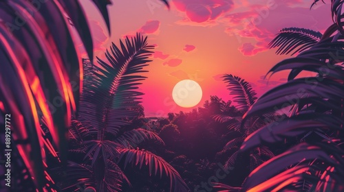 With palm trees, a sunny sky, and a sunset, this background represents a tropical summer