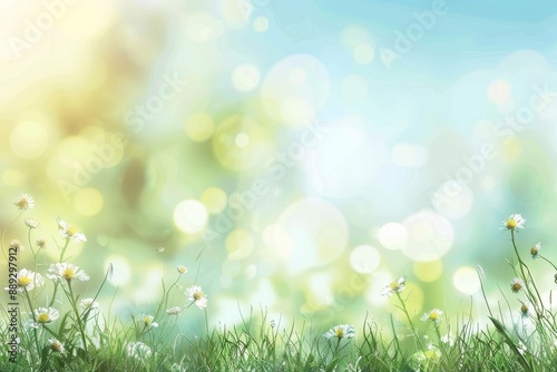 Blue sky to green grass gradient on sunny spring meadow background