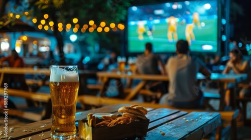 You can see a blurred screen showing a soccer match in the background of a festive beer garden serving pints and snacks