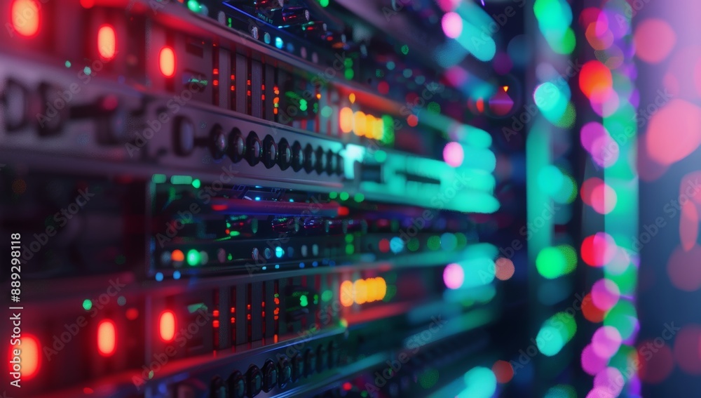 Glowing Server Racks with Multicolored Bokeh Lights in Data Center Glowing Server Racks with Multicolored Bokeh Lights in Data Center