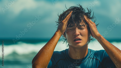 Asian male surfer struggling with head in hands, copy space © Worker