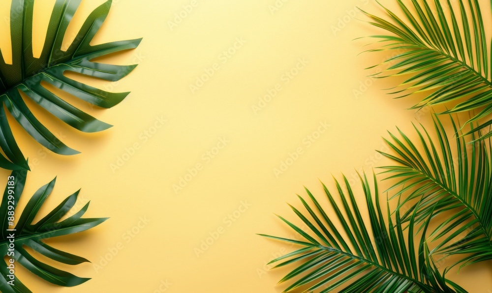 This flatlay of green palm branches over yellow background shows top view, copy space, and a wide composition. It's a travel or fashion concept for a vacation, vacation or fashion. This flatlay of green palm branches over yellow background shows top view, copy space, and a wide composition. It's a travel or fashion concept for a vacation, vacation or fashion.