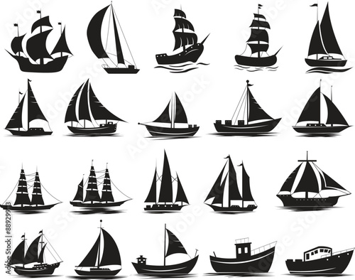 Set of boat with sail in the sea vector silhouette design and sea wave
