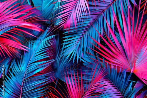 A bright mint and green digitally interlaced motion glitch effect is used to create the holographic neon colored abstract palm leaves on pink background. It represents the 90s night club jungle beach