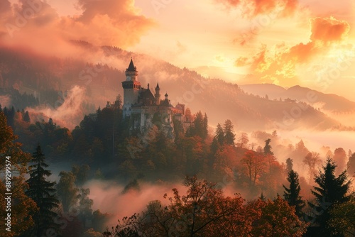 Majestic castle shrouded in mist with vibrant autumn foliage and a breathtaking sunrise © adri