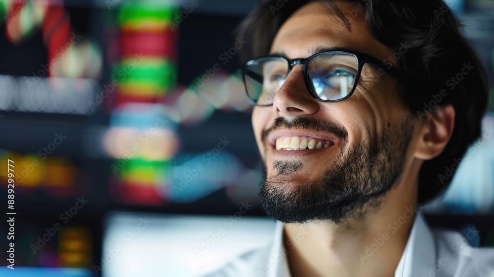 Successful Businessman Smiling at Rising Stock Prices on Transparent Screen - Economic Growth and Achievement Concept Successful Businessman Smiling at Rising Stock Prices on Transparent Screen - Economic Growth and Achievement Concept