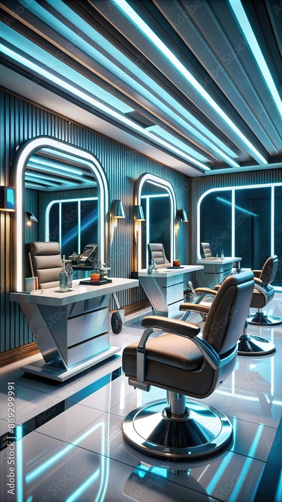 Interior of stylish barbershop with gray walls, concrete floor, row of client chairs and tall vertical mirrors. Window with cityscape. Concept of hairdressing and self care. 3d rendering Interior of stylish barbershop with gray walls, concrete floor, row of client chairs and tall vertical mirrors. Window with cityscape. Concept of hairdressing and self care. 3d rendering