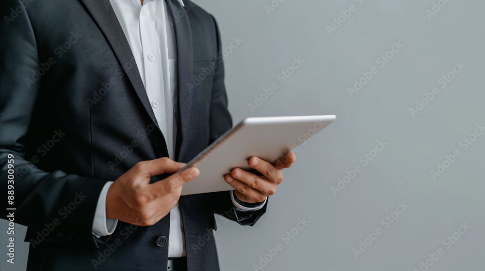 Businessman Reviewing Financial Reports on Tablet Against Gray Background Businessman Reviewing Financial Reports on Tablet Against Gray Background