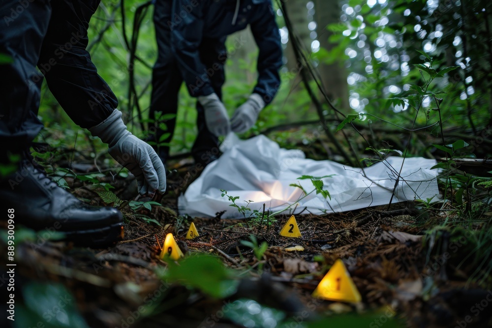 Two forensic investigators in protective gear examine a crime scene in a dense forest, marking evidence near a body covered with a white sheet, surrounded by lush greenery. Two forensic investigators in protective gear examine a crime scene in a dense forest, marking evidence near a body covered with a white sheet, surrounded by lush greenery.