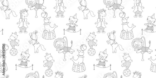 Seamless monochrome pattern with cute circus animals. Childish hand drawn line background.
