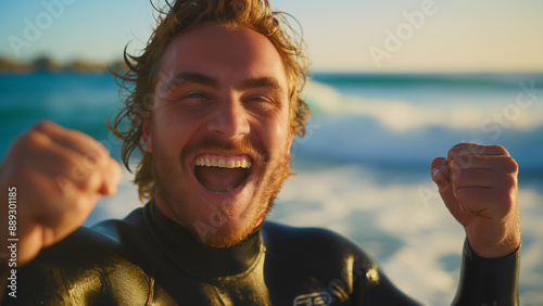 White male surfer happily fist pumping, copy space  photo